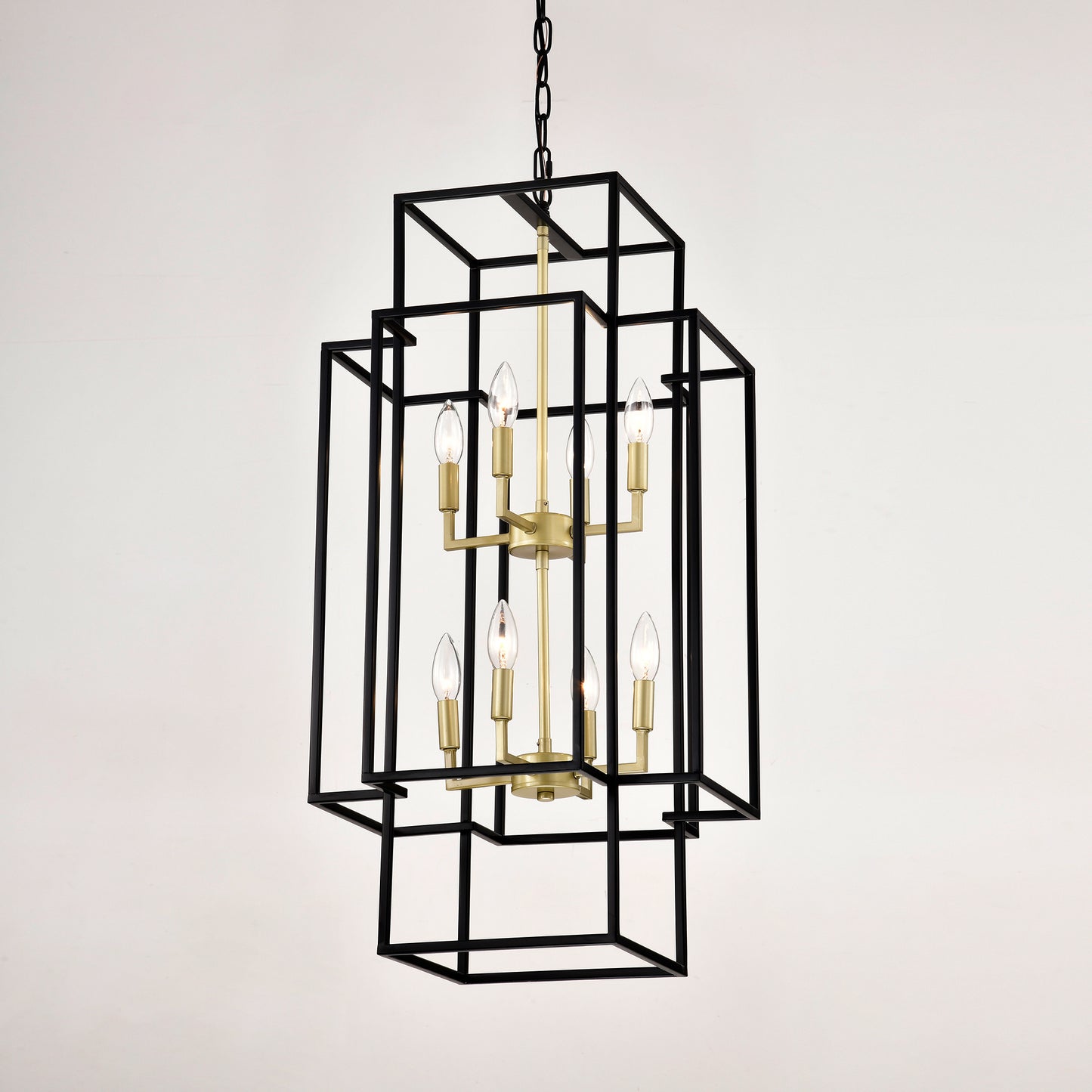 US Local 8-Light Metal Lantern Tiered Pendant Hanging Light Fixtures, Industrial Farmhouse Adjustable Height Chandeliers For Dining Room Hallway Foyer Entryway--Matte Black & Gold E12 Bulbs Not Included