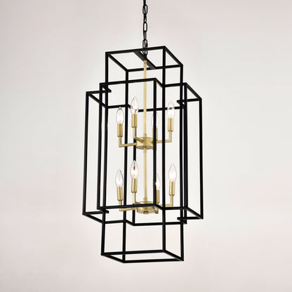 US Local 8-Light Metal Lantern Tiered Pendant Hanging Light Fixtures, Industrial Farmhouse Adjustable Height Chandeliers For Dining Room Hallway Foyer Entryway--Matte Black & Gold E12 Bulbs Not Included