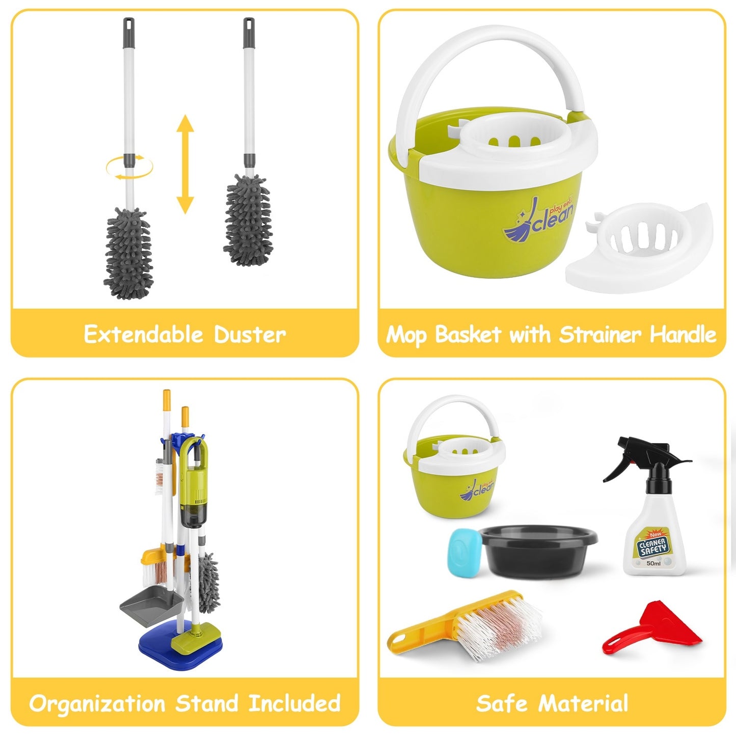 US Local Set Of 14Pcs Kids Cleaning Toy Set Toddler Housekeeping Pretend Play Kit With Vacuum Cleaner Broom Mop Organization Stand For Boys Girls Aged 3 4 5