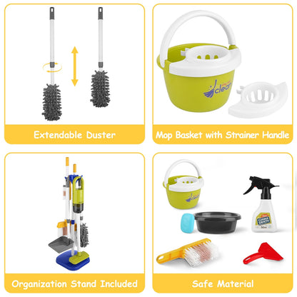 US Local Set Of 14Pcs Kids Cleaning Toy Set Toddler Housekeeping Pretend Play Kit With Vacuum Cleaner Broom Mop Organization Stand For Boys Girls Aged 3 4 5