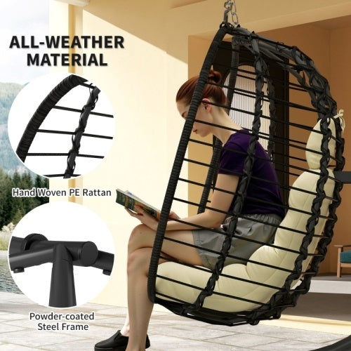 UK Local Outsunny Rattan Hanging Egg Chair, Foldable Wicker Hammock Swing Chair With Cushion, Stand, Adjustable Height, Head Pillow, Steel Frame For Garden Patio Indoor Outdoor, Cream White