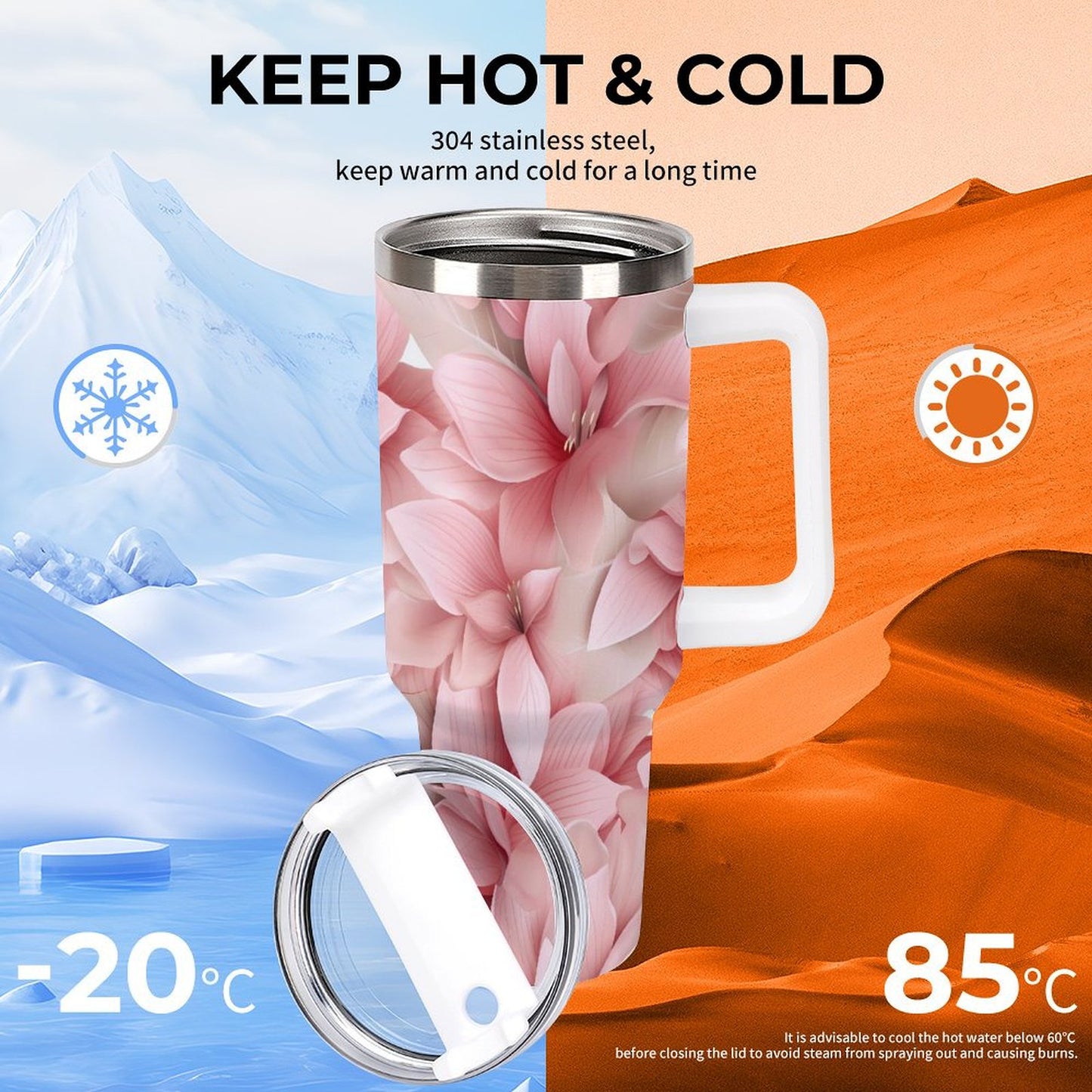 PHDT00131 POD US Local Tumbler 40 oz Large Capacity Car Cup 3D Pink Flowers