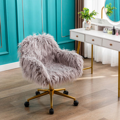 US Local Modern Faux Fur Home Office Chair, Hairy Chair For Girls, Gilded Base Makeup Chair