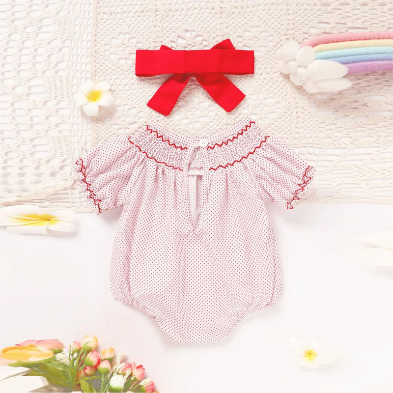 US Local Baby Girl's Short Sleeve Pink Romper, Polka Dot Pattern With Heart Embroidery And Ruffle Detail