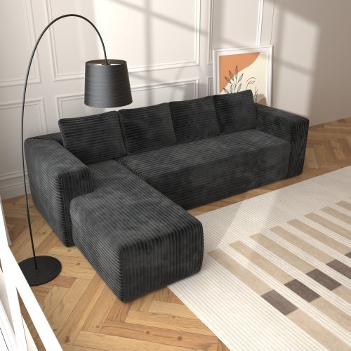 US Local Cloud Sectional Couch With L-Shape Chaise,Modern Modular Sofa With Deep Seat, Upholstered Couches With Right Facing Chaise For Living Room Bedroom, No Assembly Required, Black Plush Corduroy Fabric