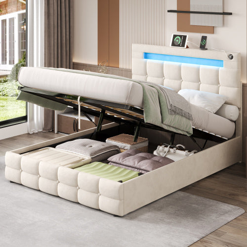 UK Local 4ft6 Double Upholstered Bed Frame With Hydraulic Storage, Velvet Ottoman Bed With LED Lighting And Charging Station, Double Bed With Adjustable Button Tufted Headboard, Beige