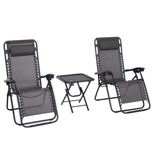 UK Local Outsunny 3pcs Folding Zero Gravity Chairs Sun Lounger Table Set W Cup Holders Reclining Garden Yard Pool, Dark Grey