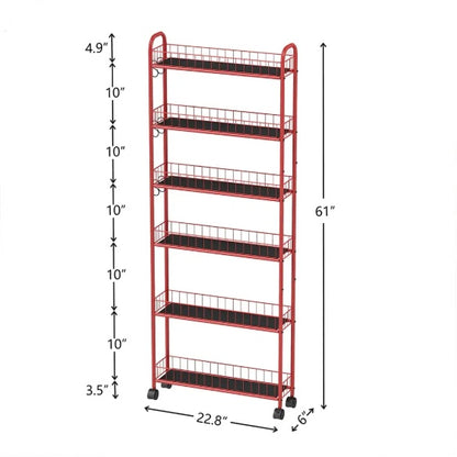 US Local 6-Tier Rolling Cart Gap Kitchen Slim Slide Out Storage Tower Rack With Wheels,Baskets,6 For Kitchen,Bathroom Laundry Narrow Piaces Utility Cart,Red