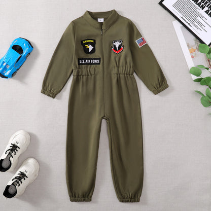 US Local Toddler Boys Pilot Jumpsuit Army Green Long Sleeve Romper, Perfect For Birthday Party Outfits