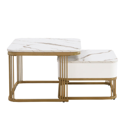 UK Local Nestable Coffee Table High Gloss Marble Exterior, Gold Accents, Side Table With Drawer. Set Of Two