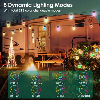 US Local 52.5FT Colorful Outdoor String Lights Smart RGB LED Patio Lights IP66 Waterproof Dimmable Hanging Light Bulbs With APP Remote Control 15 Bulbs