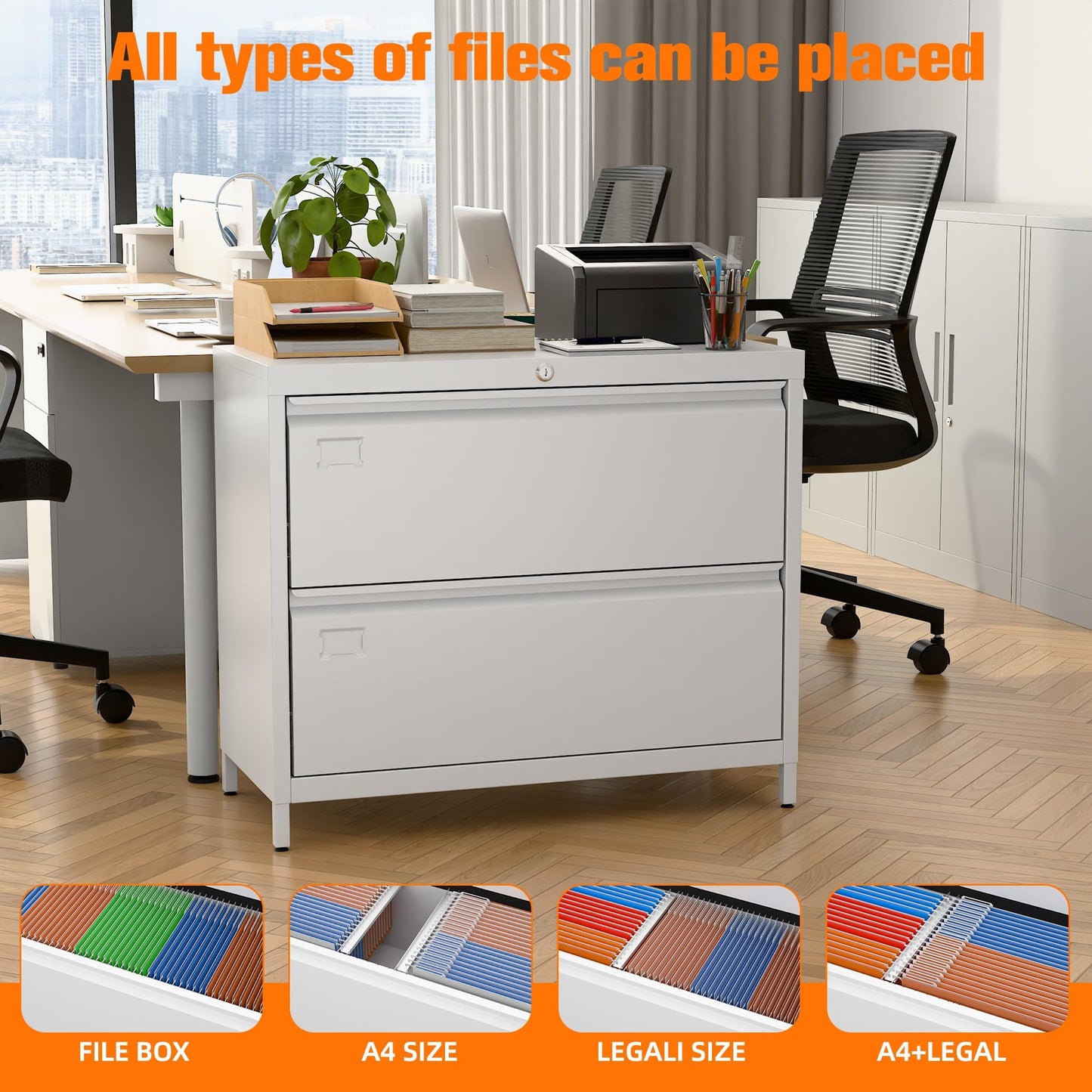 US Local Metal Lateral File Cabinet, 2 Drawers Lateral Filing Cabinet, Office Wide Storage File Cabinet For Letter,Legal,A4 Size, Assembly Required