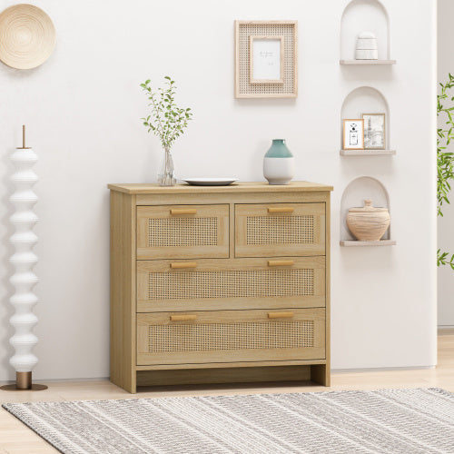 US Local 4 Drawer Rattan Cabinet, Suitable For Bedroom, Living Room, Dining Room, Hallway, Easy To Assemble