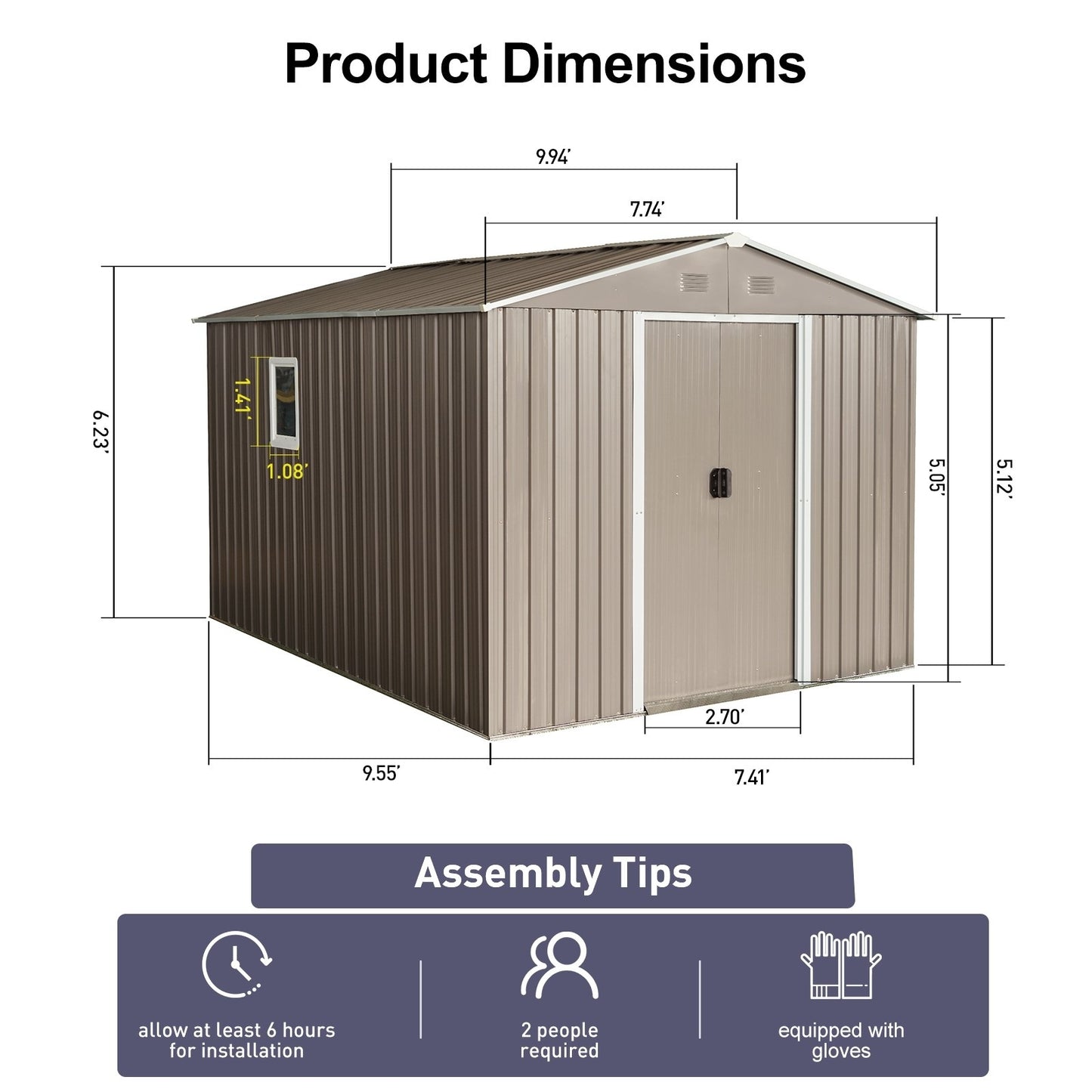 US Local 10x8ft Outdoor Metal Storage Shed With Metal Floor Base,with Window,Grey
