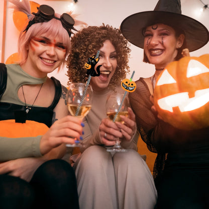 US Local Set Of 25Pcs Halloween Party Striped Decorative Straws Disposable Drinking Straws Paper Straw Decor Happy Halloween Ghost Lantern Black Cat Halloween Party Supplies