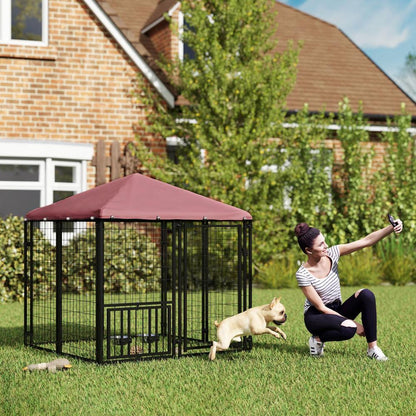 US Local Welded Wire Outdoor Dog Kennel With 360 Rotating & 4 Levels Adjustable Bowls, Waterproof Cover, 4.6 X 4.6 X 5