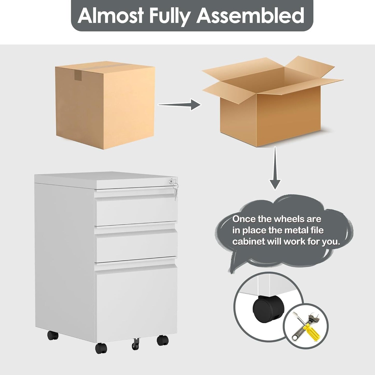 US Local 3 Drawer Mobile File Cabinet With Lock, Under Desk Metal Filing Cabinet For Office,Home,A4 Legal Letter Size, Fully Assembled White