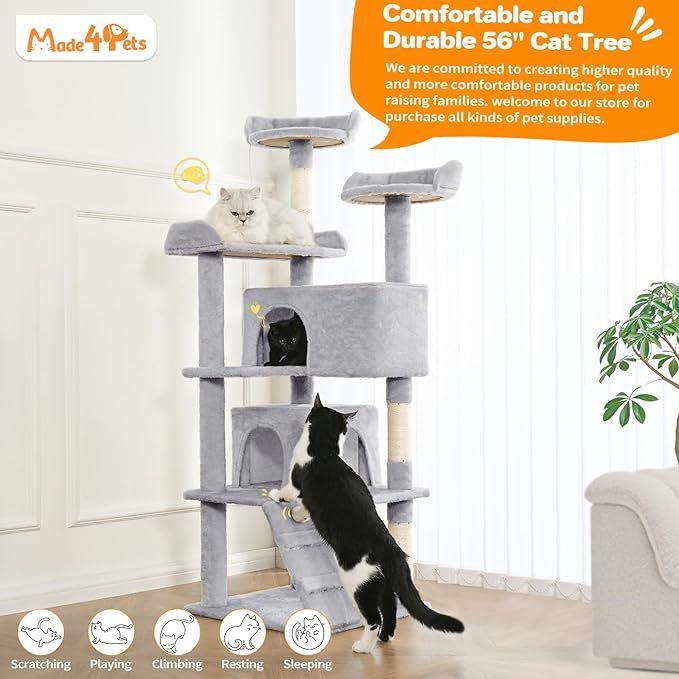 US Local Made4Pets 56-inch Pet Cat Tree For Indoor Cats Multi-Level Cat Tree With 2 Apartments Cat Activity Center With Scratching Posts And Toys Light Gray