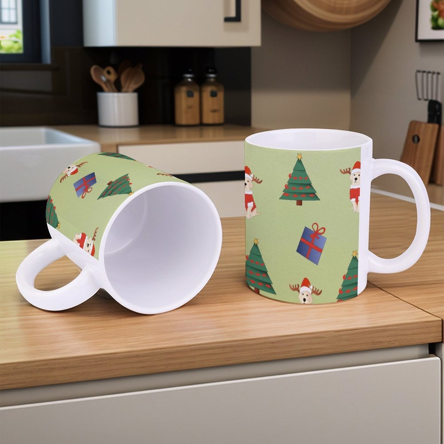 POD US Local White mug with full print, Christmas Trees, Gifts, Dogs 0078