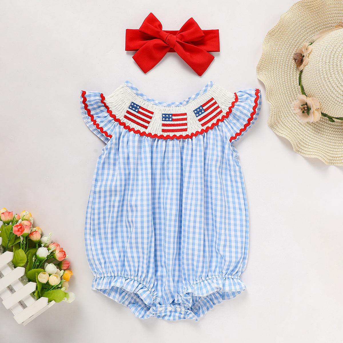 US Local Baby Girls Independence Day Outfit 4th Of July American Flag Embroidery Smocked Bubble Romper With Headband