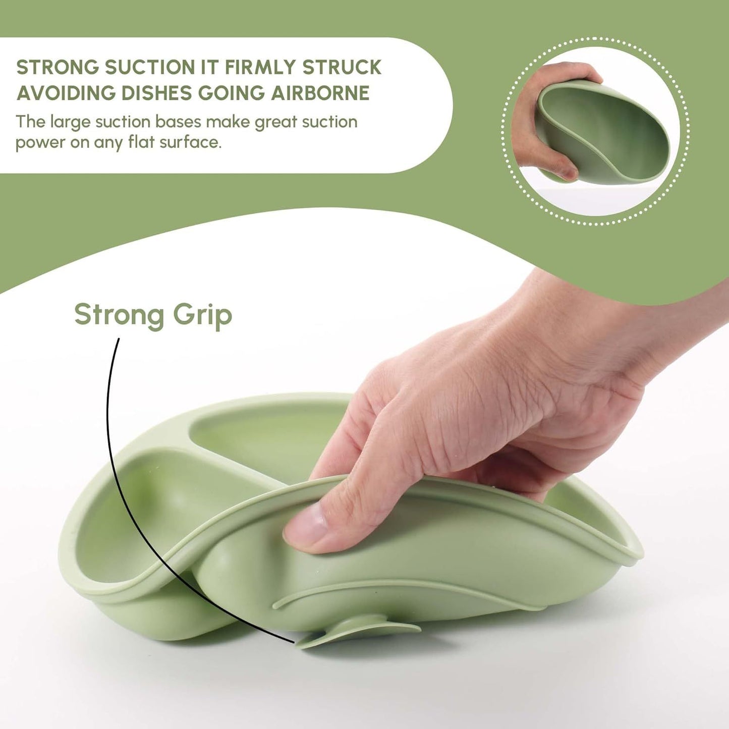 US Local SiIicone Baby Feeding Set With Suction, 10 Pcs Baby Led Weaning Supplies With Suction Bowl Divided Plate Adjustable Soft Bib Spoon Fork Snack Cup With Lid And Other Utensils, Green