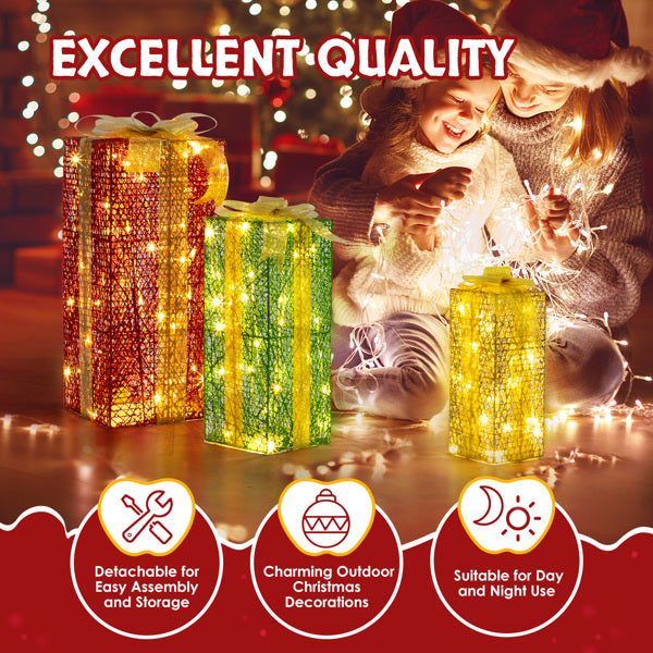 US Local 3pcs 18in-15in-11in Green Gold Christmas Lighting Gift Box