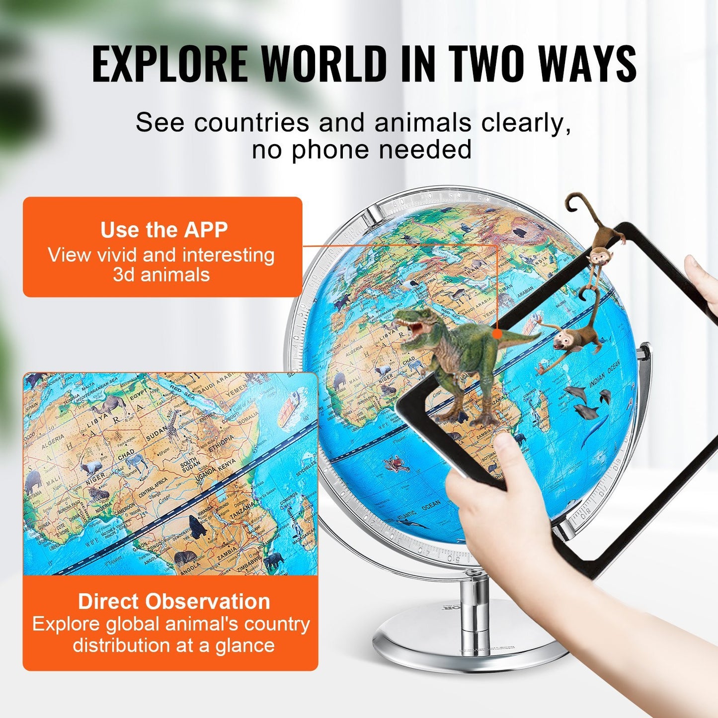 US Local VEVOR Educational Globe For Kids, Interactive AR World Globe With AR Golden Globe APP LED Night Lighting , STEM Toy Gifts For Kids Compatible With Android Or IOS Devices