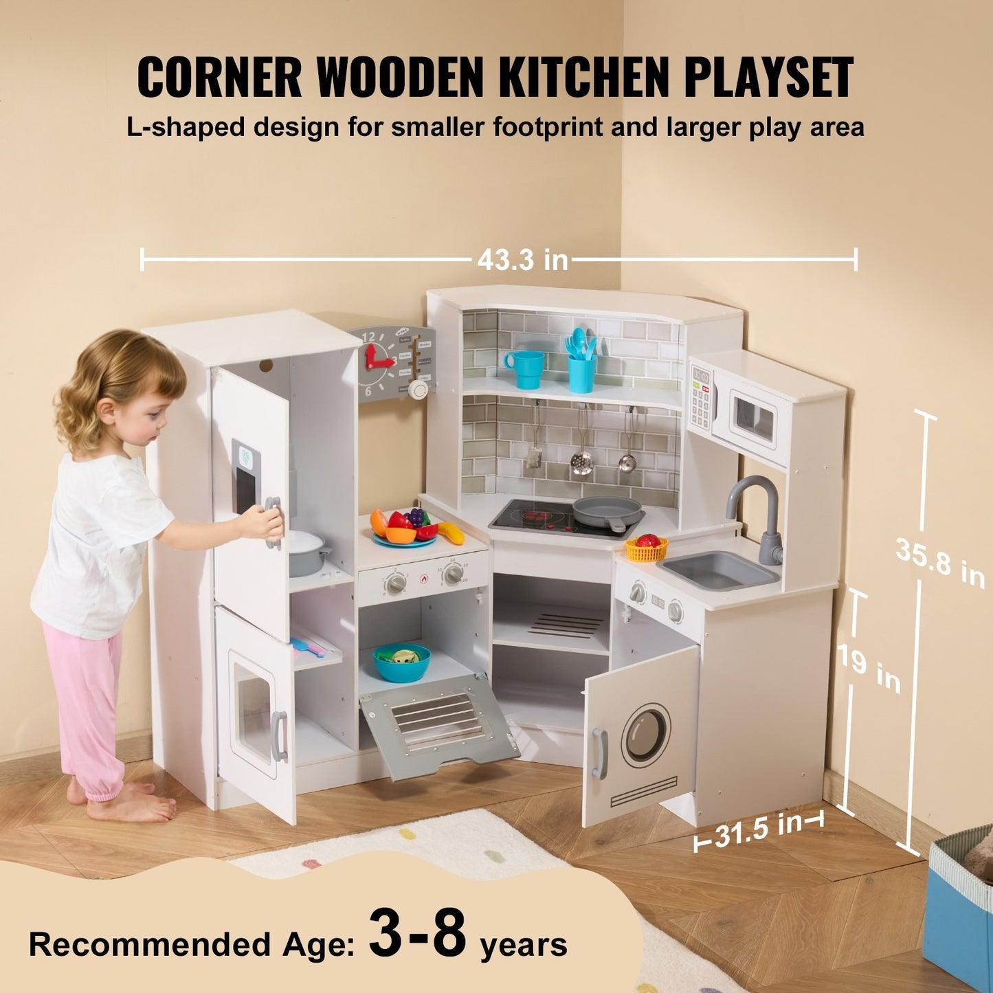 US Local Christmas Gift  VEVOR Kitchen Playset Kids Pretend Cooking Play Toy 24 Piece Accessories White