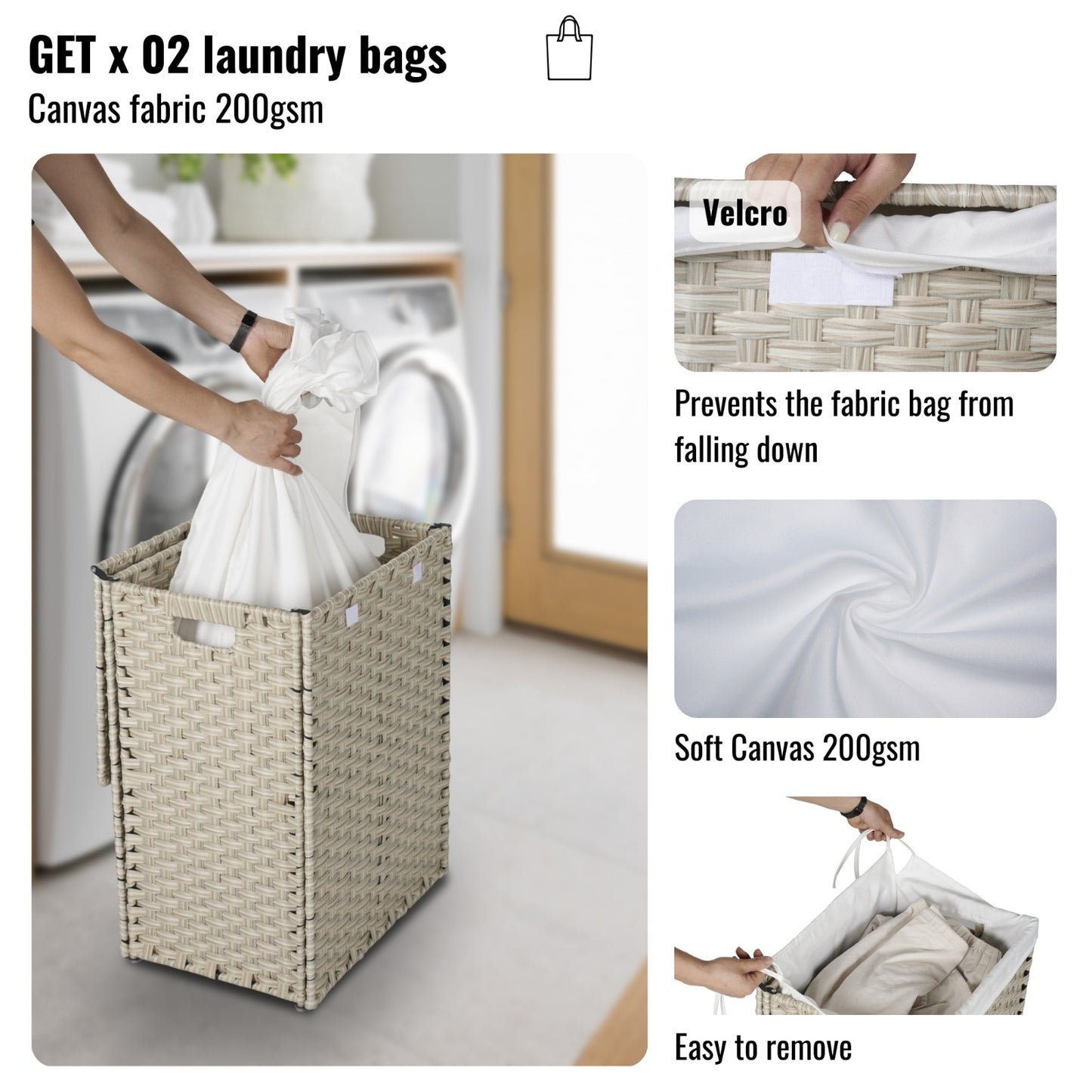 US Local Laundry Hamper With Lid PE Rattan Powder Coating Frame Clothes Hampers With 02 Removable Bags,