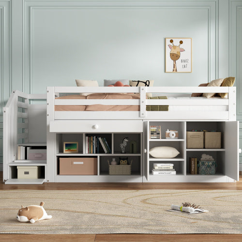 UK Local Multifunctional Wooden Children's Bed With Stairs And Storage Space, Stairs  Cabinets Interchangeable On The Left And Right, Drawers Reversible And Usable As A Desk, Without Mattress, 90x190, White