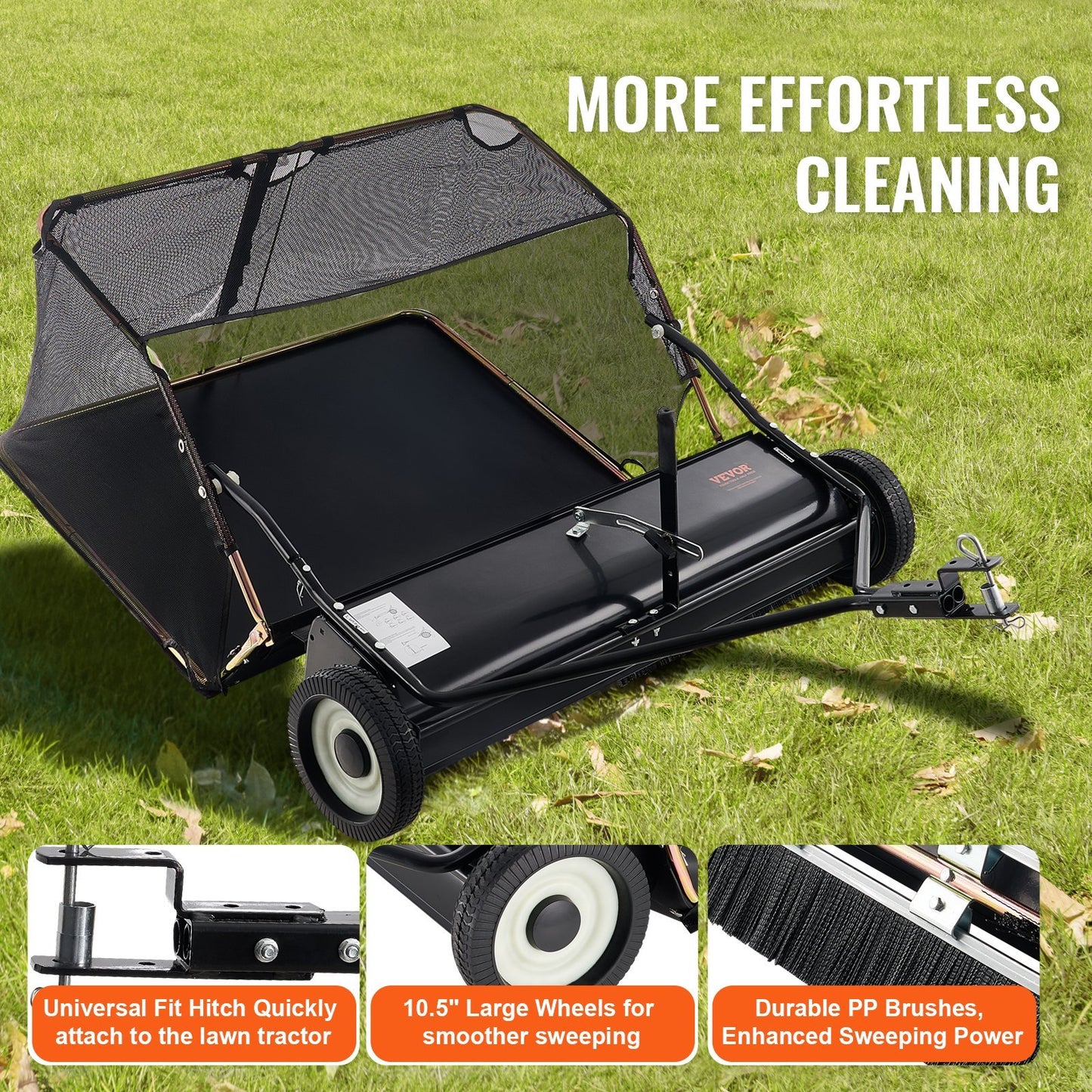 US Local VEVOR Tow-Behind Lawn Sweeper 42-inch Leaf Yard Collector 12 Cu.ft. Adjustable
