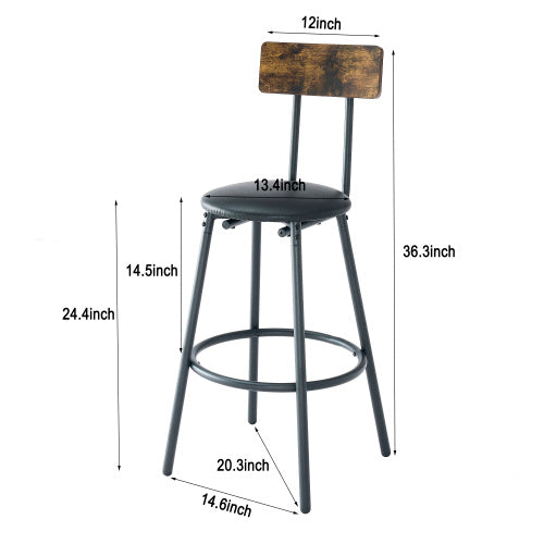 US Local Round Bar Table And Stool Set With Shelf, Upholstered Stool With Backrest, Rustic Brown