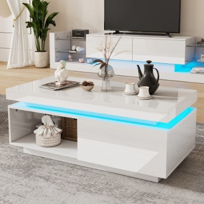 UK Local High Glossy LED Coffee Table With Drawer Storage, Wooden Centre Table With RGB Led Lights Rectangle Tea Table For Living Room Furniture, White Coffee Table With Open Display Shelf