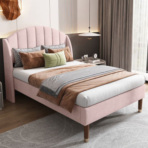 UK Local Upholstered Bed,Single Bed-3ft 90x190cm ,with Slatted Frame And Headboard, Youth Bed, Wooden Slatted Support, Easy Assembly, Velvet, Pink