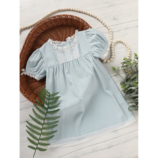 US Local Toddler Girls Dress, Summer Lace Trim Puff Short Sleeves Crew Neck Princess Party Dress