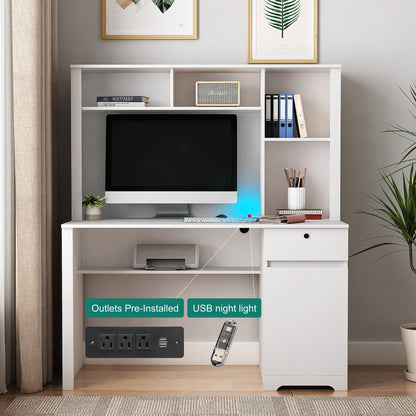 US Local Computer Desk With Hutch & Bookshelf,Wood Executive Desk Teens Student Desk Writing Laptop Home Office Desk With Drawers,3 AC Outlets And 2 USB Charging Ports,Study Laptop Table For Home