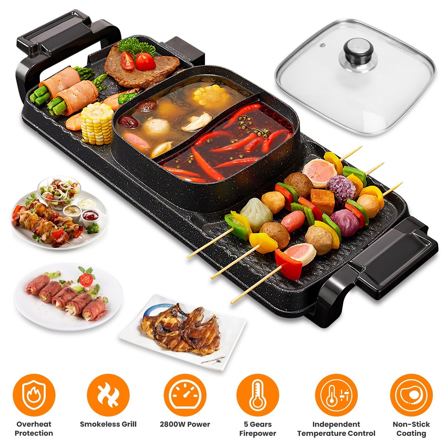 US Local 2 In 1 Electric Hot Pot With Grill 2800W Smokeless Non-Stick Korean BBQ Grill Shabu Shabu Hot Pot Combo With Independent Temperature Control 5 Gears Firepower For 3-10 People