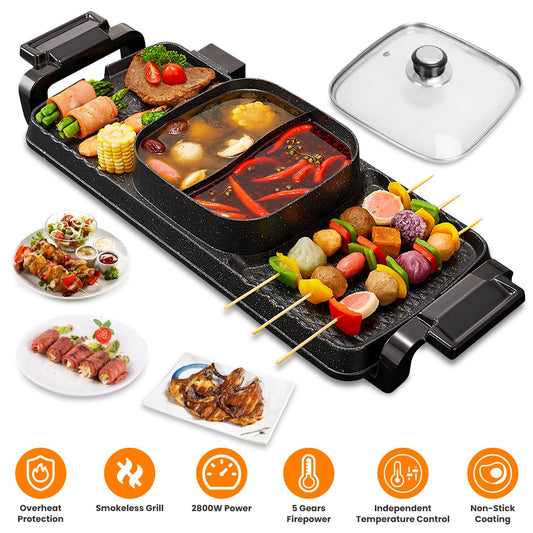 US Local 2 In 1 Electric Hot Pot With Grill 2800W Smokeless Non-Stick Korean BBQ Grill Shabu Shabu Hot Pot Combo With Independent Temperature Control 5 Gears Firepower For 3-10 People