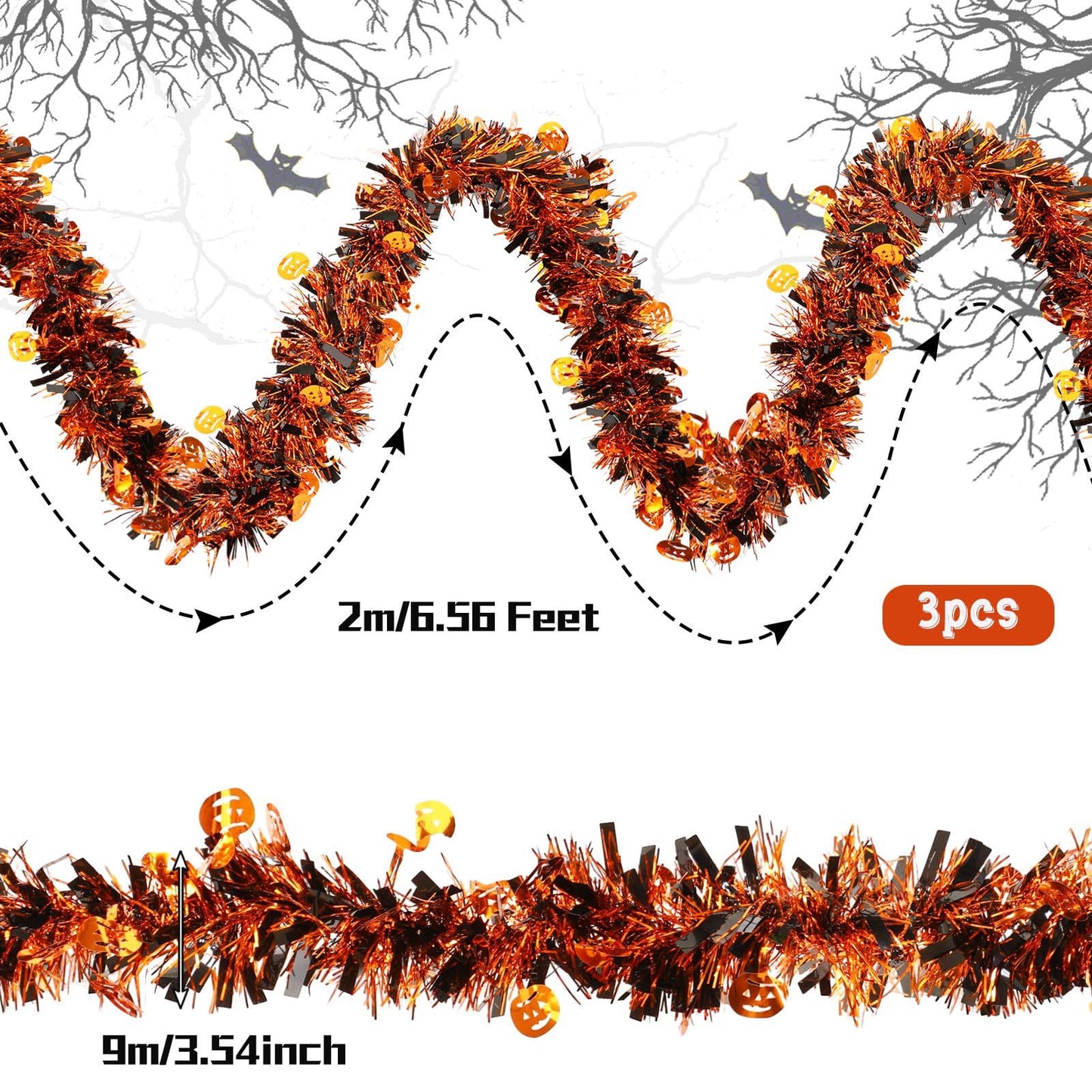 US Local 3 Pcs Halloween Decorations, Orange Metallic Tinsel Twist, 19.7 Feet