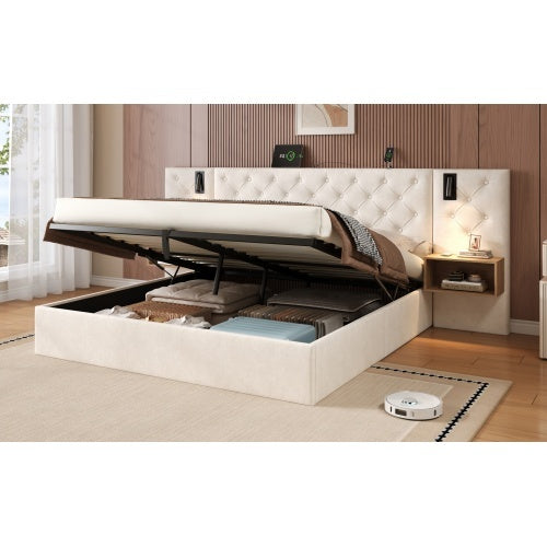 UK Local King Upholstered Bed With Charging Station, Velvet Hydraulic Storage Bed With Reading Light, 5ft King Bed Frame With Handmade Button Tufted Wide Headboard And Bedside Storage, Beige