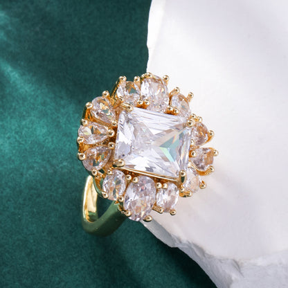 Copper Inlaid Zircon Square Ring Exquisite Temperament Entry Lux High Sense