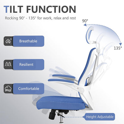 US Local Ergonomic Office Chair, High Back Computer Desk Chair Comfortable Lumbar Support - Home Office Swivel Mesh Chair With Adjustable Headrest And Backrest, Flip Armrests,PU Mute Roller, Blue