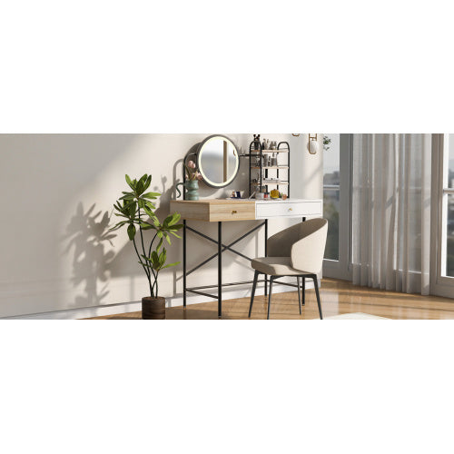 US Local Makeup Vanity Desk With 3-Mode Lighted Mirror & Wireless Charging Station , Vanity Table With Drawer & 3 Open Shelves For Ample Storage Space