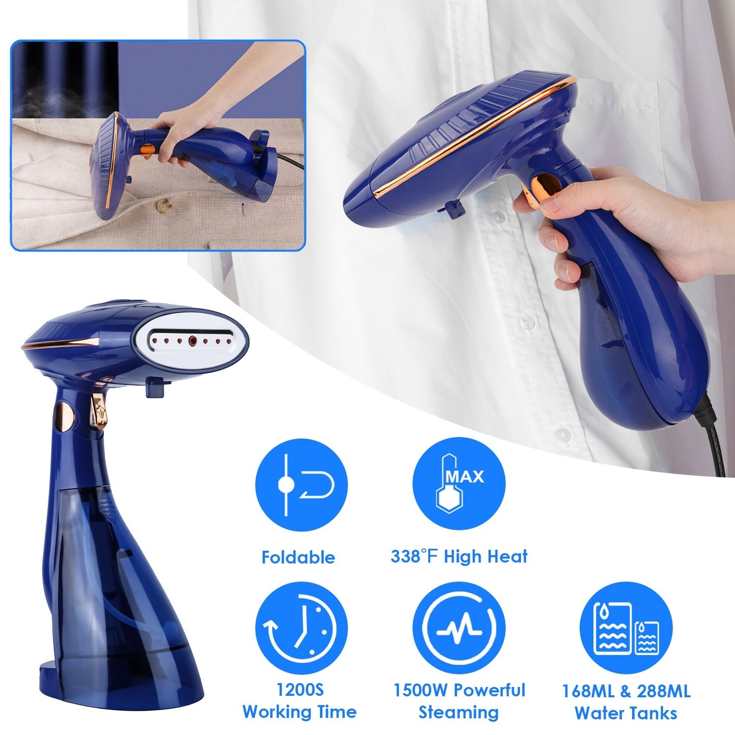 US Local 1Pc 1500W 2 In 1 Foldable Garment Steamer Handheld Fabric Wrinkle Remover With 168ML & 288ML Water Tanks For Flat Hanging Ironing