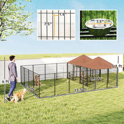 US Local Large Outdoor Dog Kennel With 2 Rooms, Rotating & Adjustable Height Bowls, 13.5 X 9.4 X 5.1