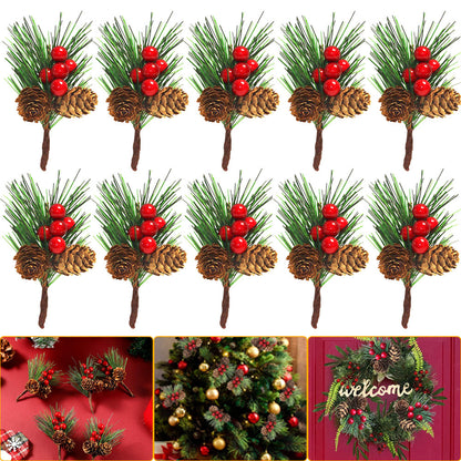 US Local 10 Pcs Christmas Artificial Pine Picks Christmas Simulation Pine Needle Fake Mini Berries Pinecones For DIY Garland Flower Arrangements Holiday Wreaths Wedding Garden Xmas Tree Decorations