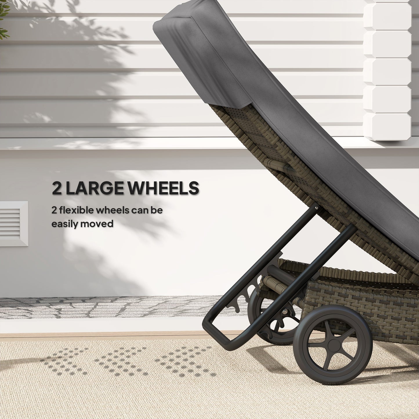 US Local Patio Wicker Chaise Lounge Chair, Outdoor PE Rattan Sun Lounger With Adjustable Backrest And 2 Wheels, Gray