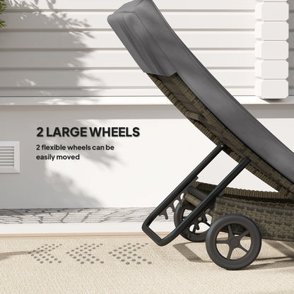 US Local Patio Wicker Chaise Lounge Chair, Outdoor PE Rattan Sun Lounger With Adjustable Backrest And 2 Wheels, Gray