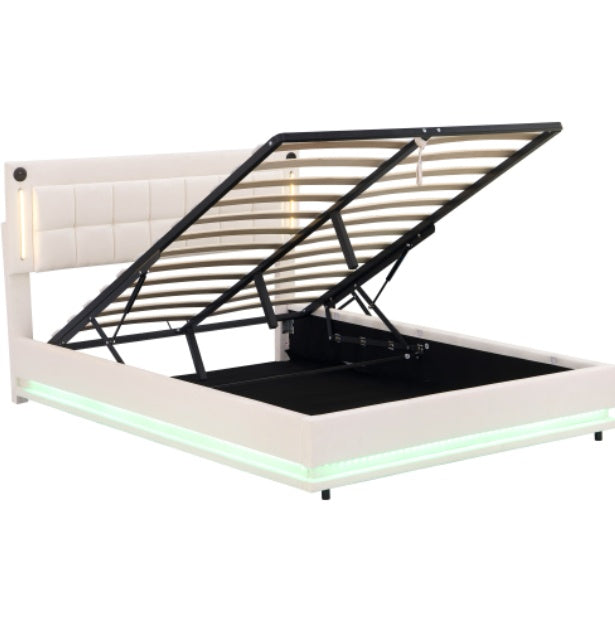 UK Local 5ft King LED Hydraulic Bed With Charging Station, Adjustable Square Tufted Headboard With Intelligent Control Light, Soft Velvet Bed Frame With USB And Type - C Ports, Beige