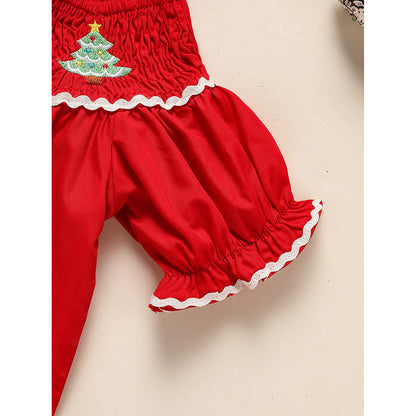 US Local Toddler Infant Girl Christmas Dress Smocked Christmas Tree Embroidery Short Sleeve Princess Party Dress